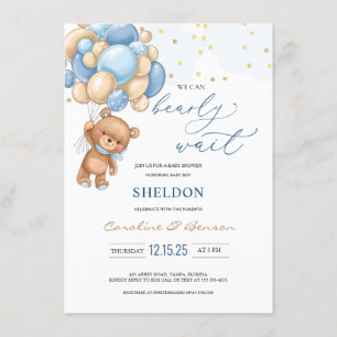 Teddy Bear Blue Balloons Baby Shower Invitation