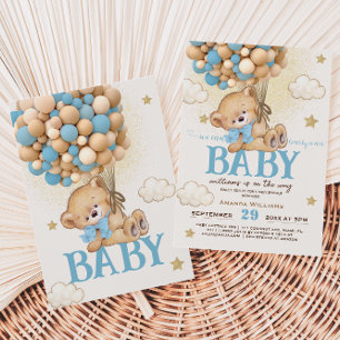 Teddy Bear Blue Balloons Baby Shower	 Invitation