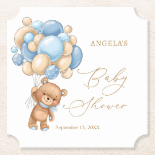 Teddy Bear Blue Balloons Baby Shower  Paper Coaster