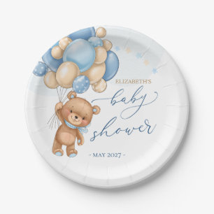 Teddy Bear Blue Balloons Baby Shower Paper Plate
