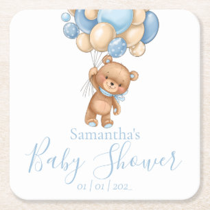 Teddy Bear Blue Balloons Baby Shower  Square Paper Coaster