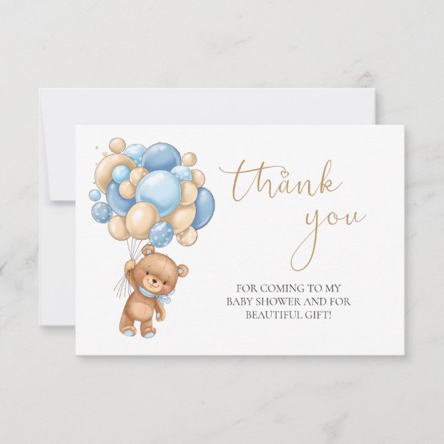 Teddy Bear Blue Balloons Baby Shower Thank You (Front)
