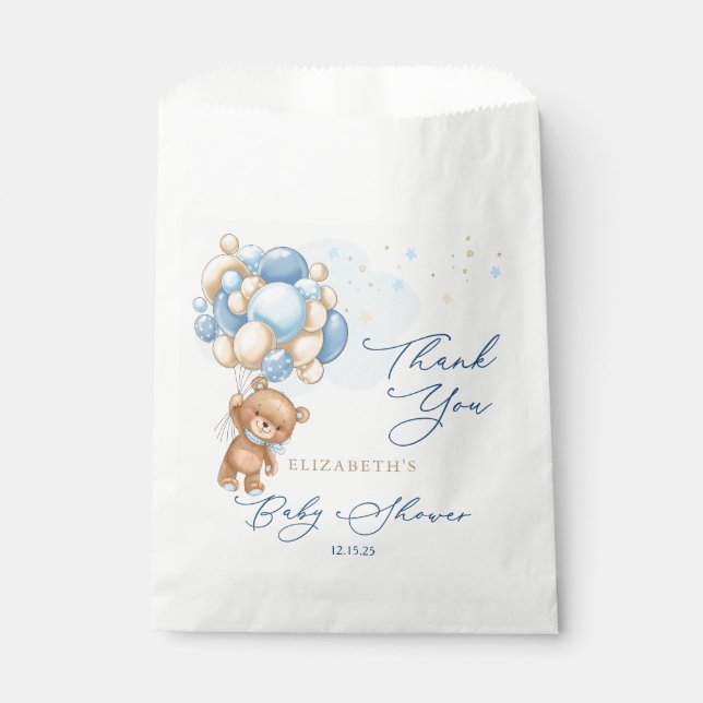 Teddy Bear Blue Balloons Baby Shower Thank You Favour Bag (Front)