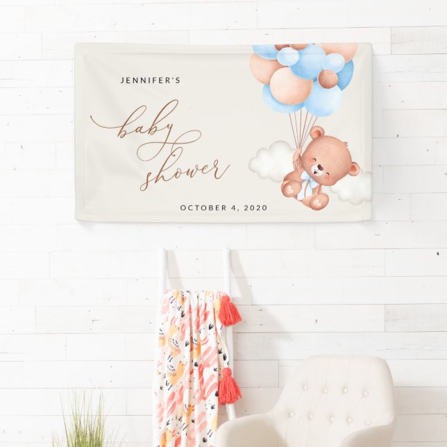 Teddy Bear, Blue Balloons, Baby Shower Welcome Banner (Insitu)