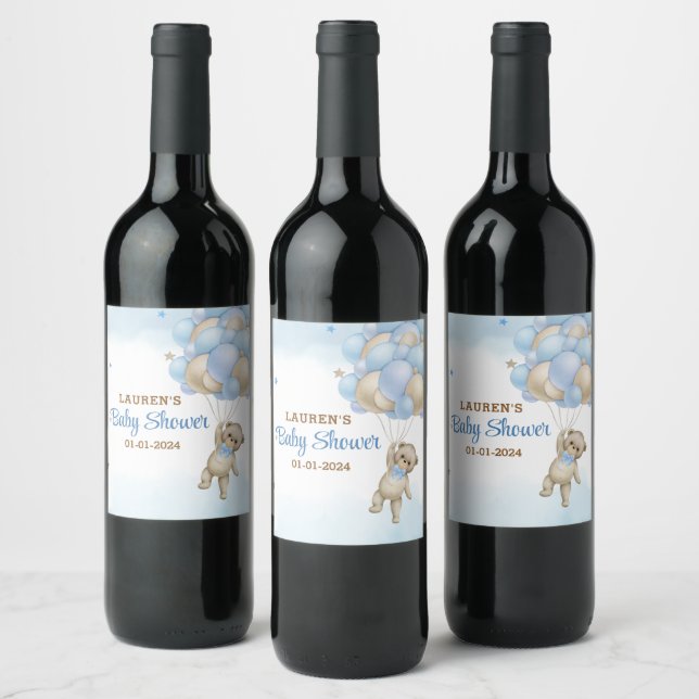 Teddy Bear Blue Balloons Baby Shower Wine Label (Bottles)