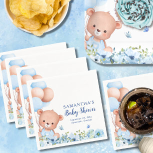 Teddy Bear Blue Balloons Bearly Wait Baby Shower Napkin