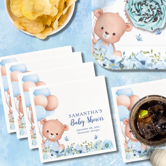 Teddy Bear Blue Balloons Bearly Wait Baby Shower Napkin (Blue Teddy Bear Baby Shower napkin for a baby boy with wildflowers and butterflies.)