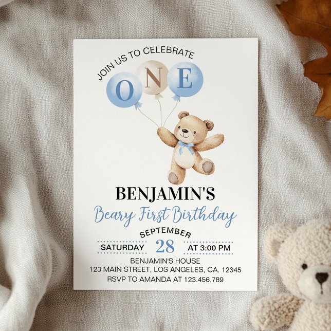 Teddy Bear Blue Balloons Beary First Birthday Invitation (Creator Uploaded)
