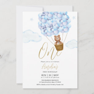 Teddy Bear Blue Balloons Birthday Party Invitation