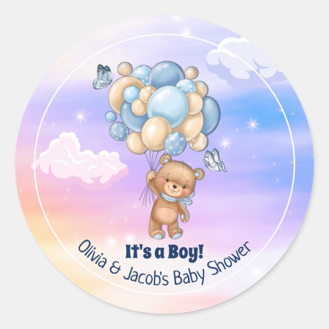 Teddy Bear Blue Balloons Boy Baby Shower Classic Round Sticker (Front)
