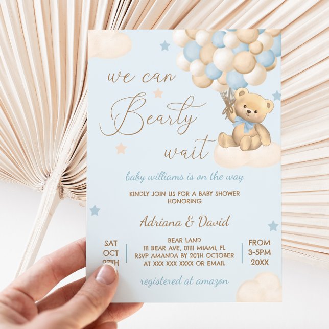 Teddy Bear Blue Balloons Boy Baby Shower Invitation (Creator Uploaded)