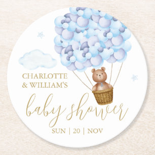Teddy Bear Blue Balloons Boy Baby Shower Round Paper Coaster