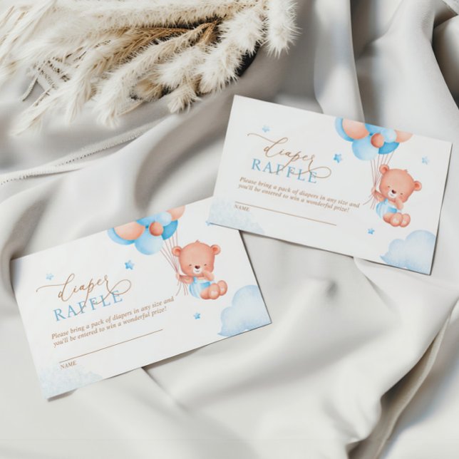 Teddy Bear Blue Balloons Diaper Raffle Enclosure Card (Creator Uploaded)