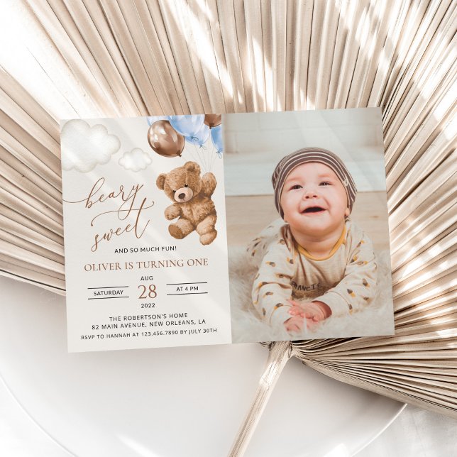 Teddy Bear, Blue Balloons, First Birthday Invitation (Creator Uploaded)