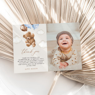 Teddy Bear, Blue Balloons, First Birthday Thank You Card