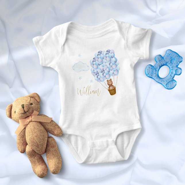 Teddy Bear Blue Balloons Gold Script Baby Bodysuit (Teddy Bear Blue Balloons Gold Script Baby Bodysuit)