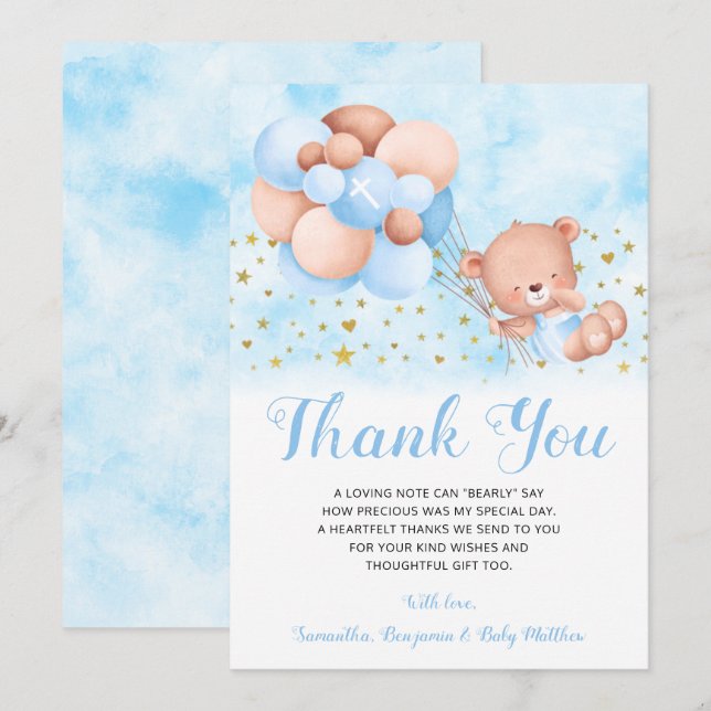 Teddy Bear Blue Balloons Gold Stars Baptism Thank You Card (Front/Back)