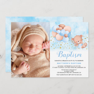 Teddy Bear Blue Balloons Gold Stars Photo Baptism Invitation