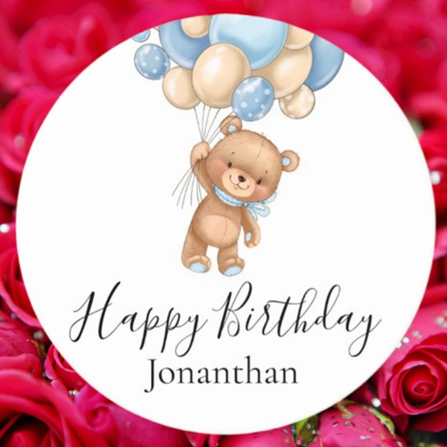 Teddy Bear Blue Balloons Happy Birthday Round Paper Coaster (Celebrate with charm using Teddy Bear Blue Balloons Happy Birthday round paper coasters)