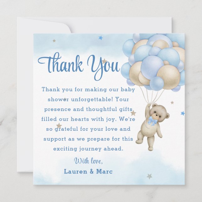 Teddy Bear Blue Balloons Thank You Card (Front)