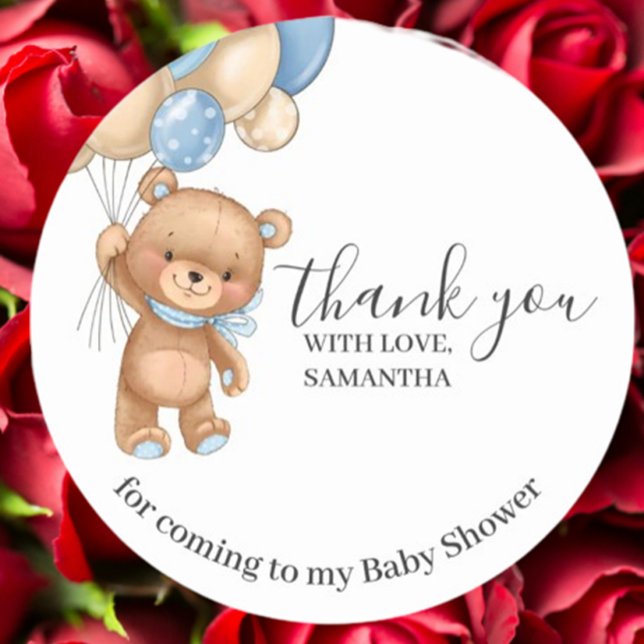 Teddy Bear Blue Balloons Thank You  Classic Round Sticker (Express heartfelt gratitude with this Teddy Bear Blue Balloons Thank You sticker)