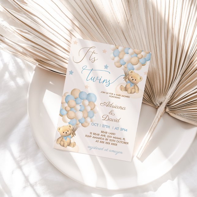 Teddy Bear Blue Balloons Twin Boys Baby Shower Invitation (Creator Uploaded)