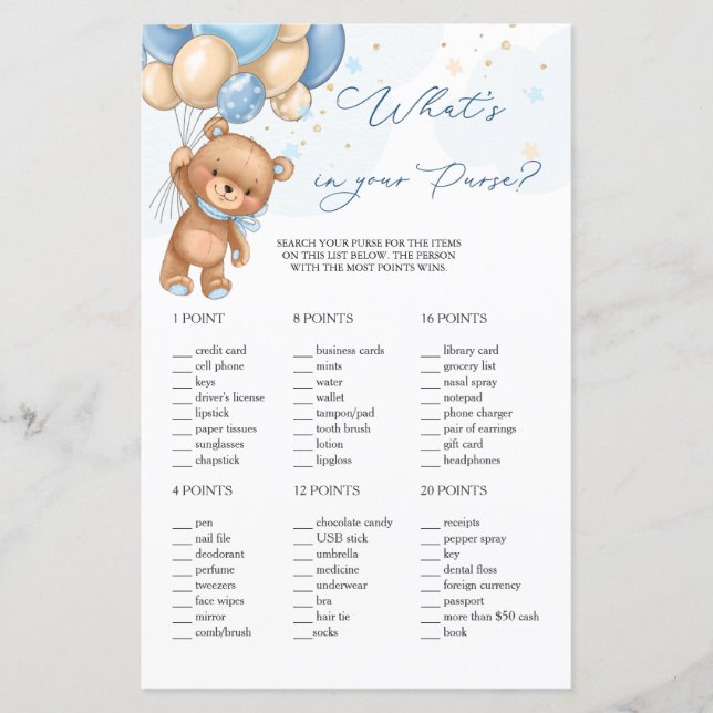Teddy Bear Blue Balloons What's in Your Purse Game (Front)