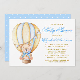 Teddy Bear Blue Bow Air Balloon Dots Baby Shower Invitation