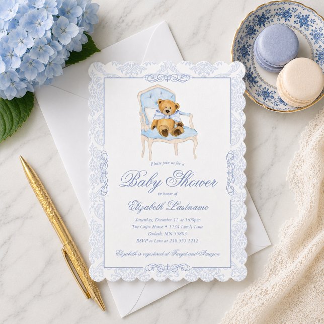 Teddy Bear Blue Bow Baby Shower Invitation (Teddy Bear Blue Bow Baby Shower Invitation)
