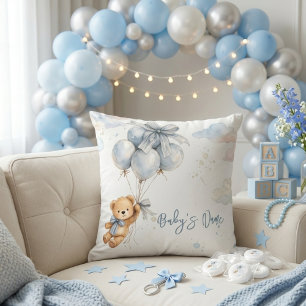 Teddy Bear Blue Bow Balloons Clouds Baby Boy Cushion