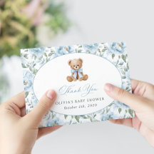 Teddy Bear, Blue Bow, Blue Flowers, Baby Shower
