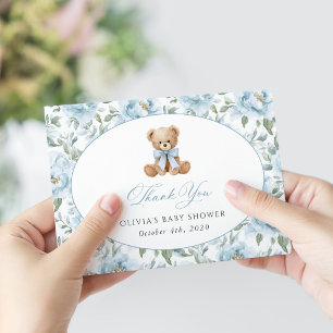 Teddy Bear, Blue Bow, Blue Flowers, Baby Shower Thank You Card