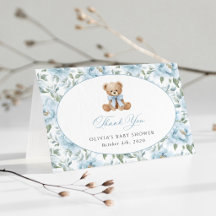 Teddy Bear, Blue Bow, Blue Flowers, Baby Shower