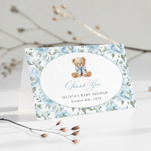 Teddy Bear, Blue Bow, Blue Flowers, Baby Shower Thank You Card