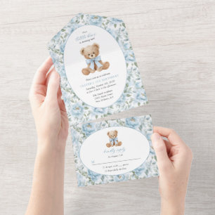Teddy Bear, Blue Bow, Blue Flowers, First Birthday All In One Invitation