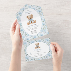 Teddy Bear, Blue Bow, Blue Flowers, First Birthday All In One Invitation