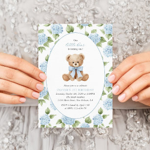 Teddy Bear, Blue Bow, Blue Flowers, First Birthday Invitation