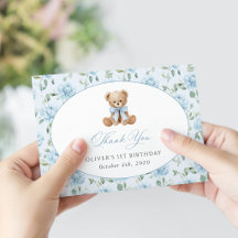 Teddy Bear, Blue Bow, Blue Flowers, First Birthday