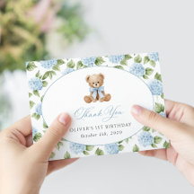 Teddy Bear, Blue Bow, Blue Flowers, First Birthday