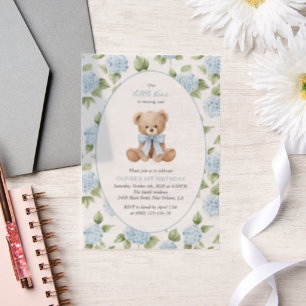 Teddy Bear, Blue Bow, Blue Flowers, First Birthday Vellum Invitations