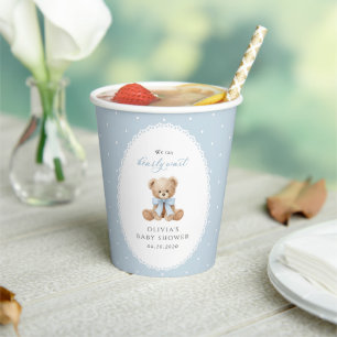 Teddy Bear, Blue Bow, Blue Polka Dots, Baby Shower Paper Cups