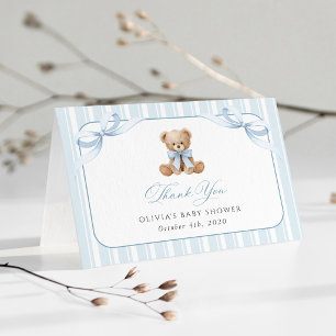 Teddy Bear, Blue Bow, Blue Stripes, Baby Shower Thank You Card