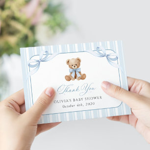 Teddy Bear, Blue Bow, Blue Stripes, Baby Shower Thank You Card
