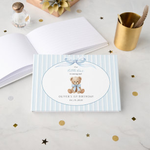 Teddy Bear, Blue Bow, Blue Stripes, First Birthday Guest Book
