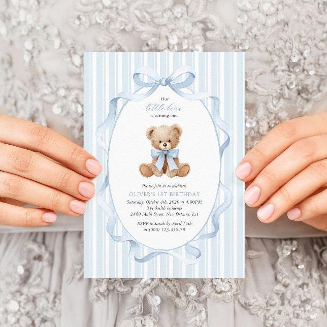 Teddy Bear, Blue Bow, Blue Stripes, First Birthday Invitation (Creator Uploaded)