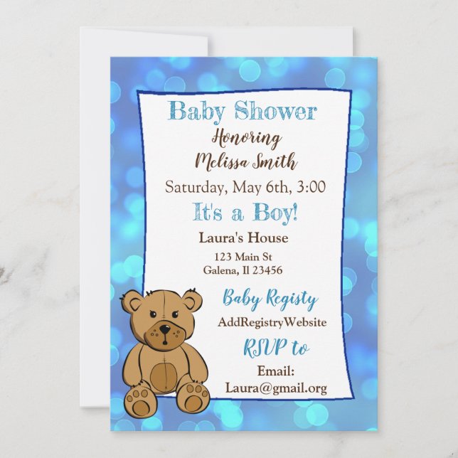Teddy Bear Blue  Boy Baby Shower Invitations (Front)