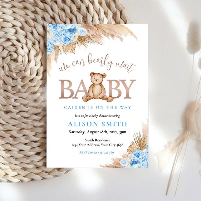 Teddy Bear Blue Boy Bearly Wait Baby Shower Invitation (Creator Uploaded)