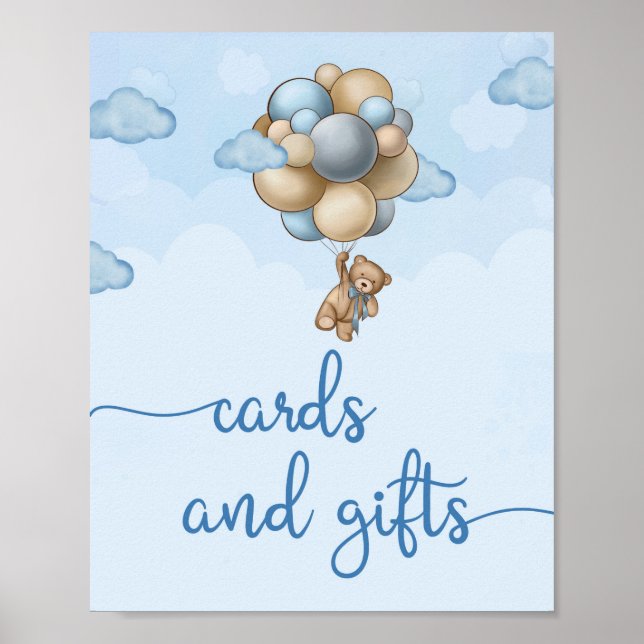 Teddy bear blue brown balloon cards and gifts sign (Front)