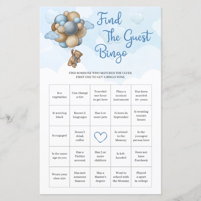 Teddy bear blue brown balloon Find The Guest Bingo (Front)