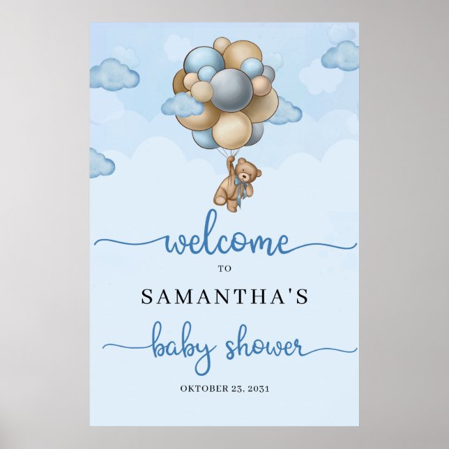 Teddy bear blue brown balloons baby Welcome Sign (Front)